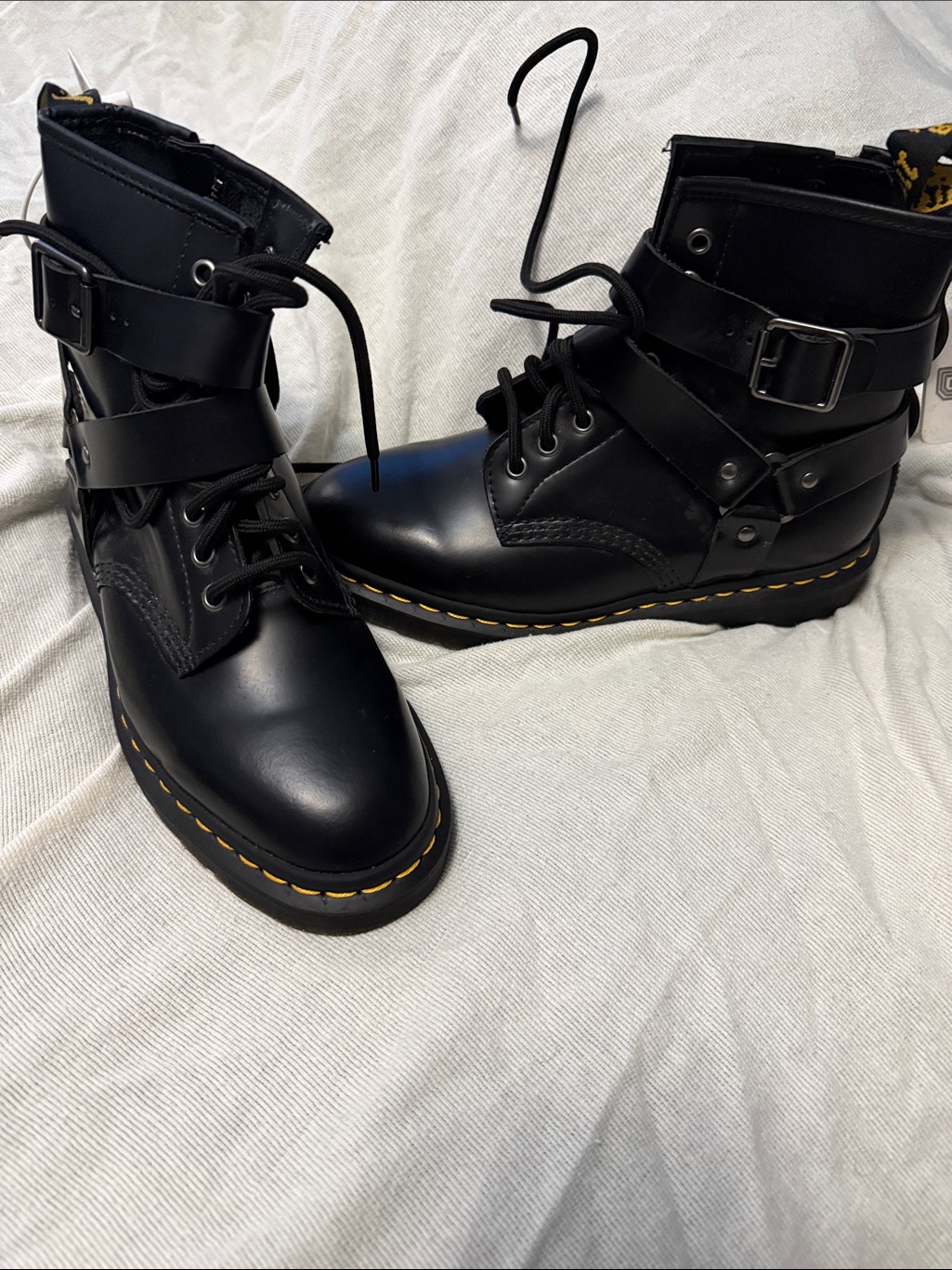 Dr. Martens Black Leather Buckle Combat Boots With Yellow Stitching